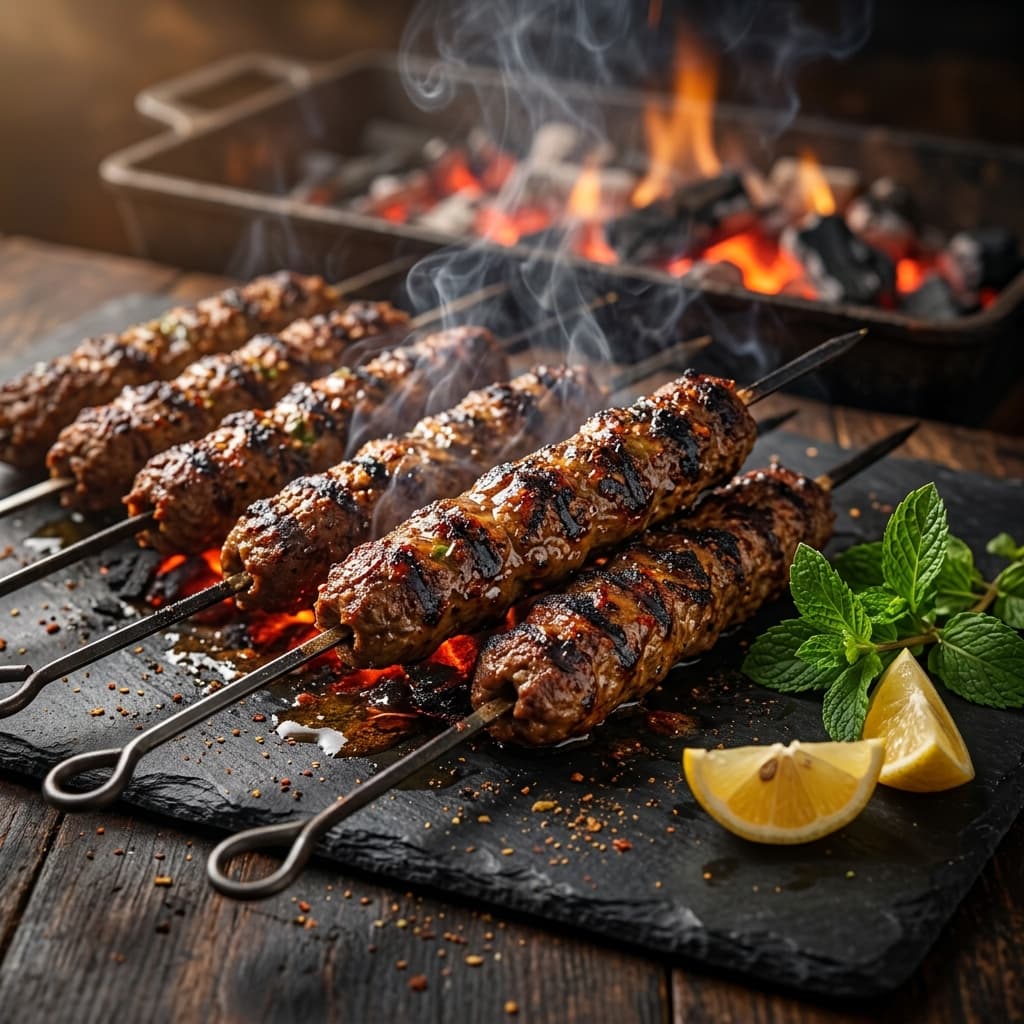 Sizzling juicy Pakistani seekh kebabs cooking on charcoal grill with smoke