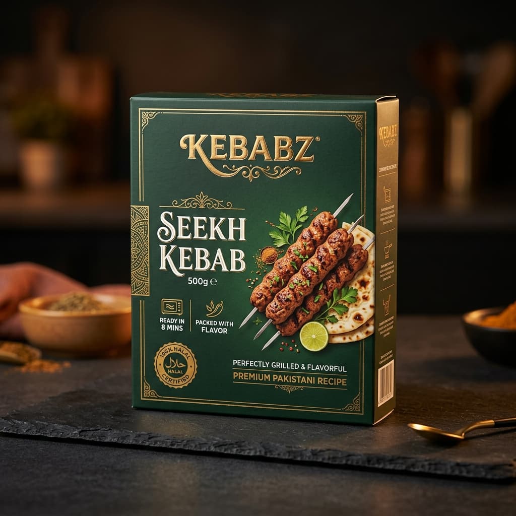 Premium Kebabz retail frozen food packaging box mockup