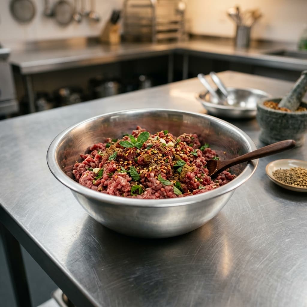 Artisan chef hygienically hand-blending spices in clean stainless steel kitchen